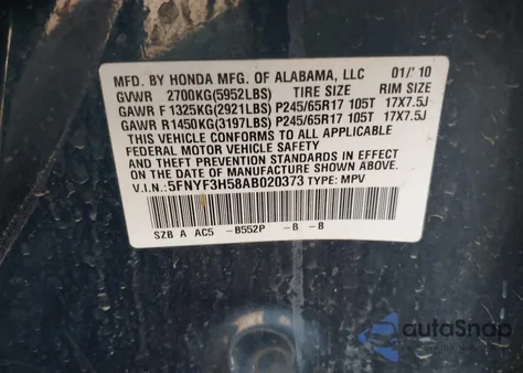 2010 Honda Pilot Ex-L from USA, damaged, VIN 5FNYF3H58AB020373